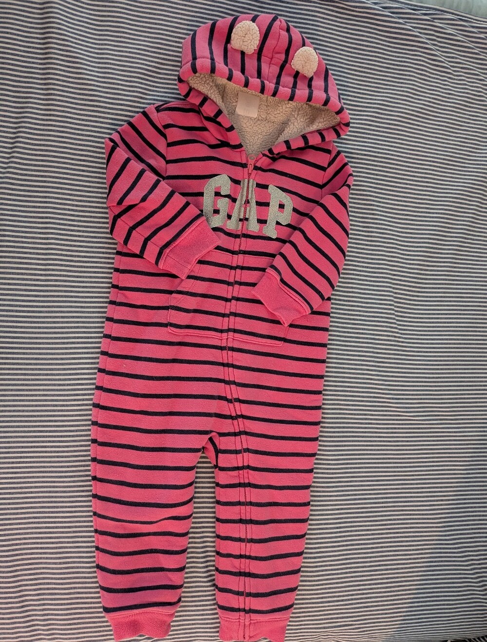 Baby Gap Pink and Black Striped Logo Hoodie One-piece Fleece Jumpsuit